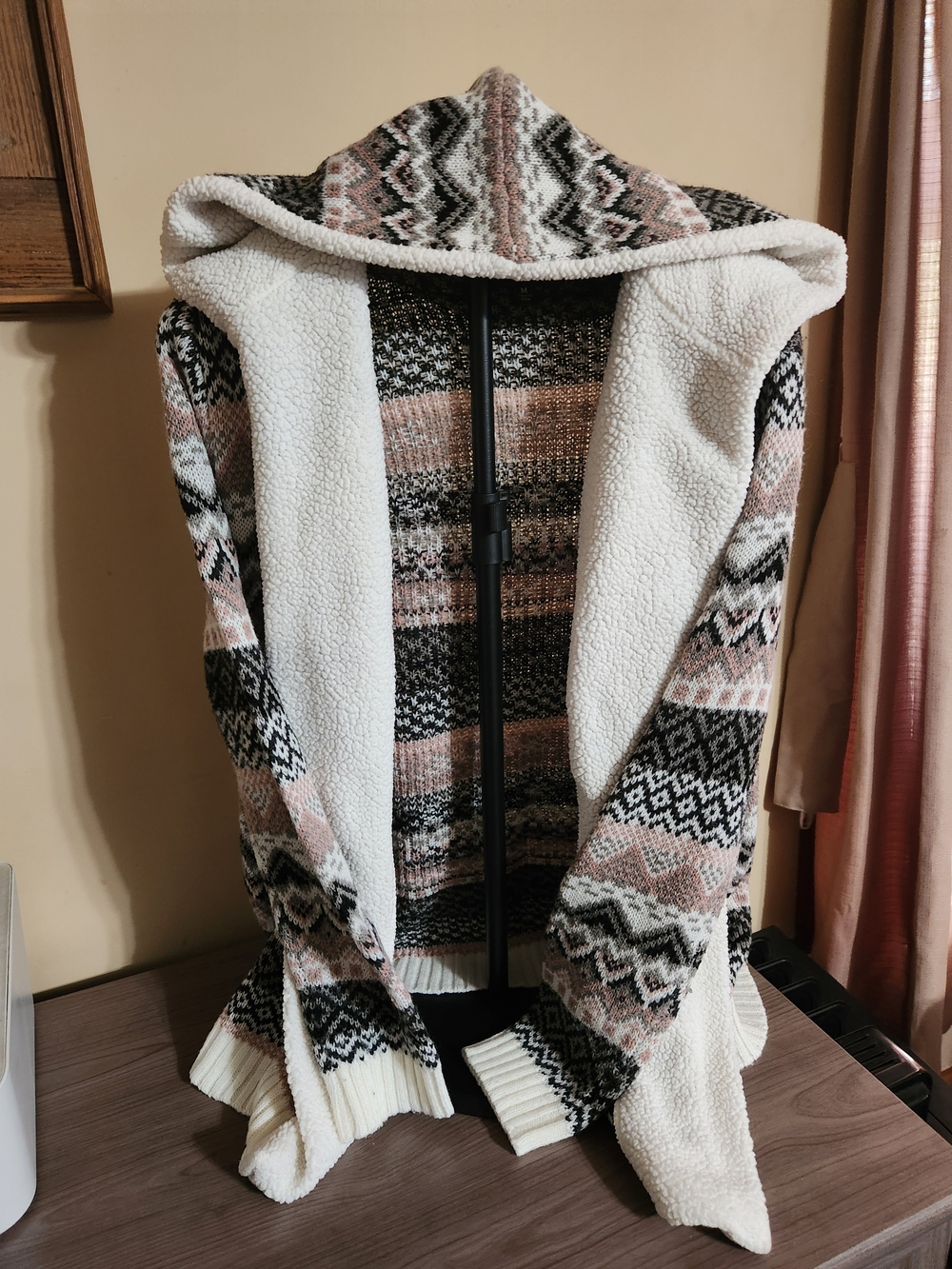 Almost Famous Pink Black Cream Patterned Sherpa-Lined Hooded Cardigan